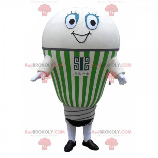 Mascote gigante com bolbo branco e verde sorrindo -