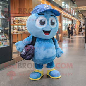 Blue Bagels mascot costume character dressed with a Denim Shorts and Messenger bags