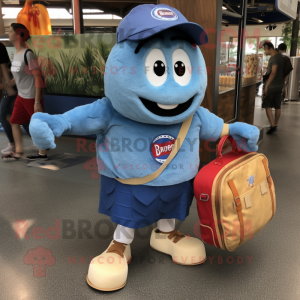 Blue Bagels mascot costume character dressed with a Denim Shorts and Messenger bags