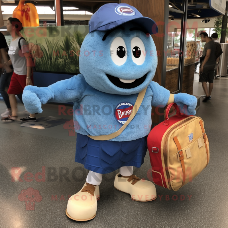 Blue Bagels mascot costume character dressed with a Denim Shorts and Messenger bags Blue Bagels mascot costume character dressed with a Denim Shorts and Messenger bags