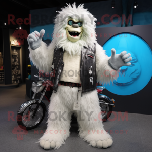 Cream Yeti mascot costume character dressed with a Biker Jacket and Coin purses