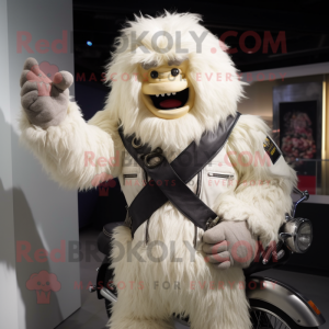 Cream Yeti mascot costume character dressed with a Biker Jacket and Coin purses