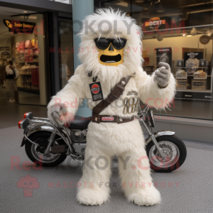 Cream Yeti mascot costume character dressed with a Biker Jacket and Coin purses