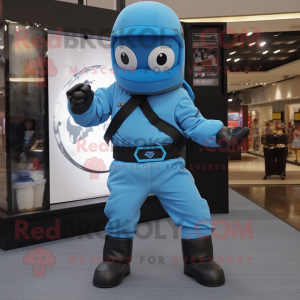 Sky Blue Ninja mascot costume character dressed with a Bomber Jacket and Belts