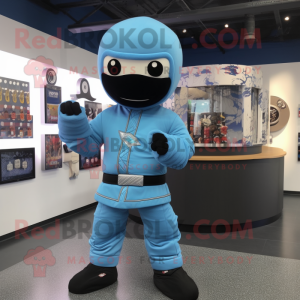 Sky Blue Ninja mascot costume character dressed with a Bomber Jacket and Belts