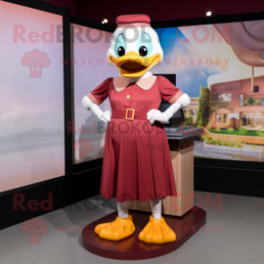 Maroon Duck mascot costume character dressed with a Shift Dress and Anklets