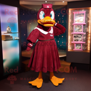 Maroon Duck mascot costume character dressed with a Shift Dress and Anklets