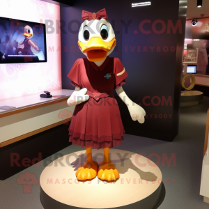 Maroon Duck mascot costume character dressed with a Shift Dress and Anklets