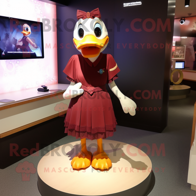 Maroon Duck mascot costume character dressed with a Shift Dress and Anklets Maroon Duck mascot costume character dressed with a Shift Dress and Anklets