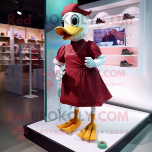 Maroon Duck mascot costume character dressed with a Shift Dress and Anklets