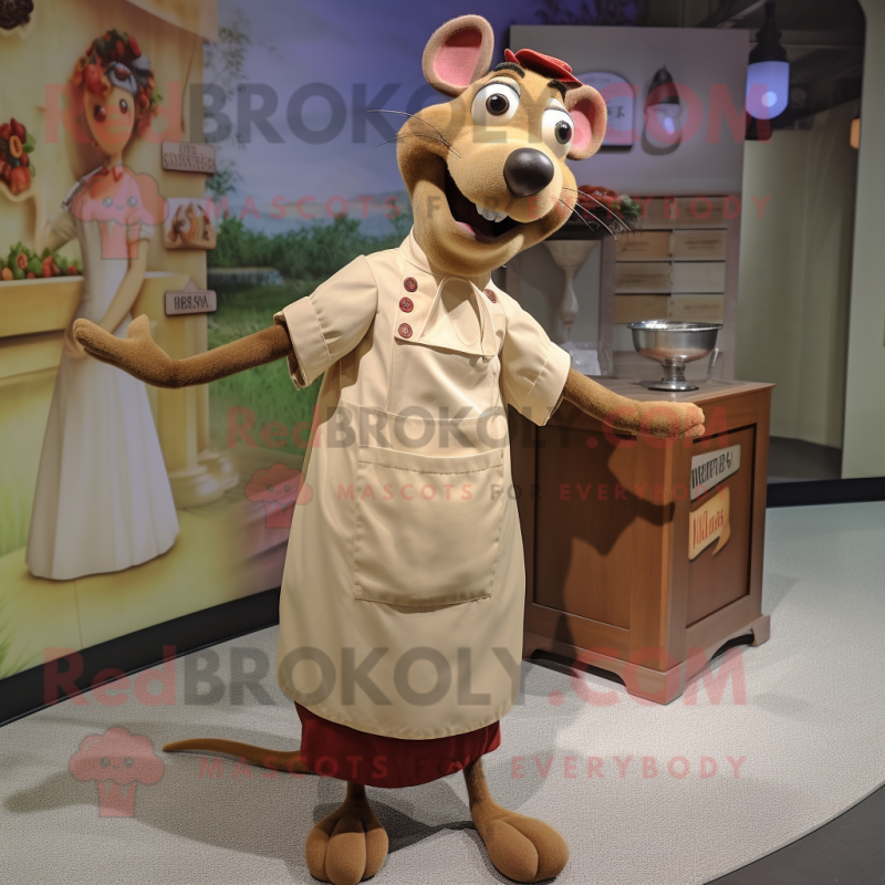 Tan Ratatouille mascot costume character dressed with a Shift Dress and Lapel pins Tan Ratatouille mascot costume character dressed with a Shift Dress and Lapel pins