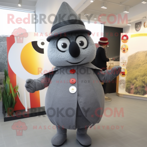 Gray Shakshuka mascot costume character dressed with a Suit and Berets