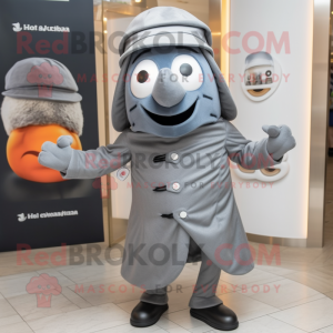 Gray Shakshuka mascot costume character dressed with a Suit and Berets