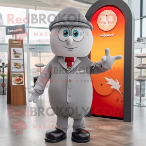 Gray Shakshuka mascot costume character dressed with a Suit and Berets