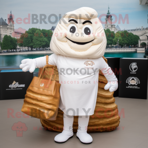 White Croissant mascot costume character dressed with a Chinos and Tote bags
