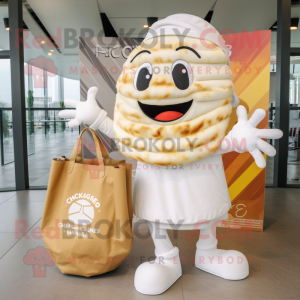 White Croissant mascot costume character dressed with a Chinos and Tote bags