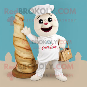 White Croissant mascot costume character dressed with a Chinos and Tote bags