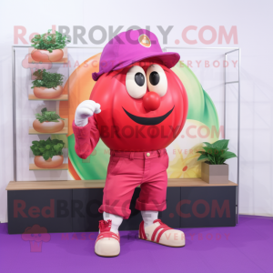 Magenta Tomato mascot costume character dressed with a Cargo Shorts and Hairpins