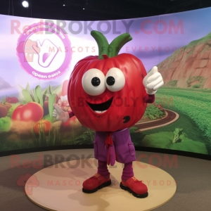 Magenta Tomato mascot costume character dressed with a Cargo Shorts and Hairpins