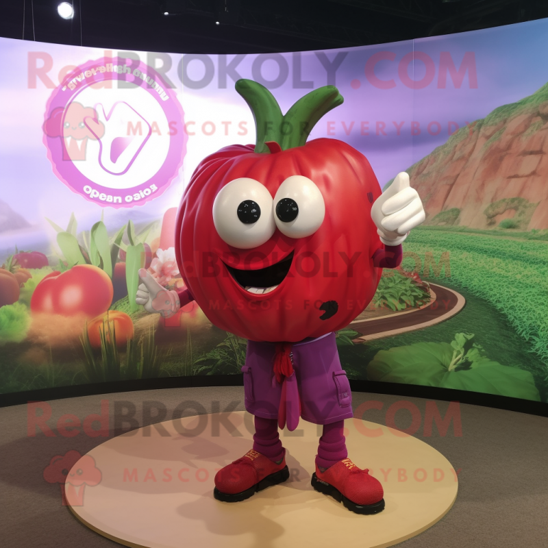 Magenta Tomato mascot costume character dressed with a Cargo Shorts and Hairpins Magenta Tomato mascot costume character dressed with a Cargo Shorts and Hairpins