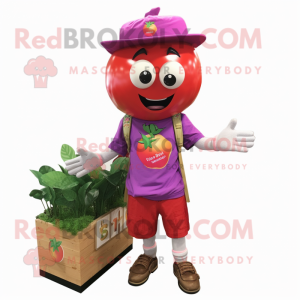 Magenta Tomato mascot costume character dressed with a Cargo Shorts and Hairpins
