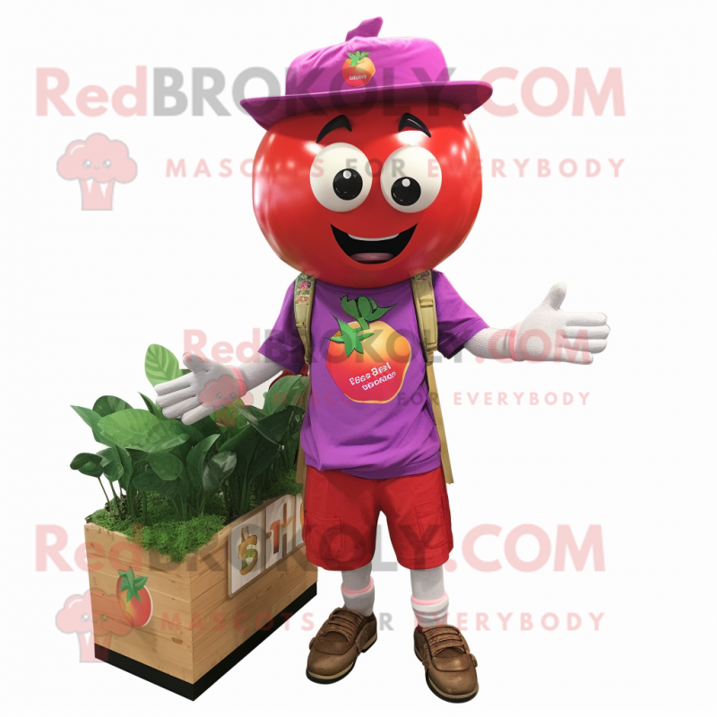 Magenta Tomato mascot costume character dressed with a Cargo Shorts and Hairpins Magenta Tomato mascot costume character dressed with a Cargo Shorts and Hairpins