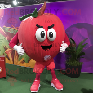 Magenta Tomato mascot costume character dressed with a Cargo Shorts and Hairpins