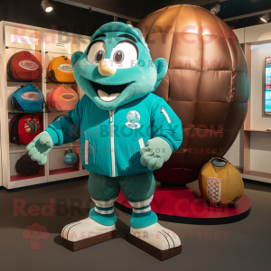 Turquoise Rugby Ball mascot costume character dressed with a Bomber Jacket and Coin purses