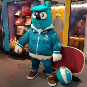 Turquoise Rugby Ball mascot costume character dressed with a Bomber Jacket and Coin purses