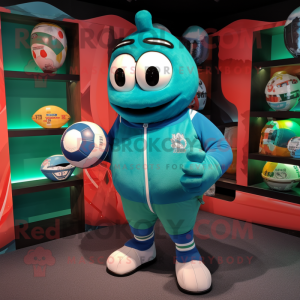 Turquoise Rugby Ball mascot costume character dressed with a Bomber Jacket and Coin purses