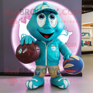 Turquoise Rugby Ball mascot costume character dressed with a Bomber Jacket and Coin purses