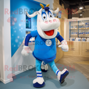 Blue Guernsey Cow mascot costume character dressed with a Running Shorts and Pocket squares