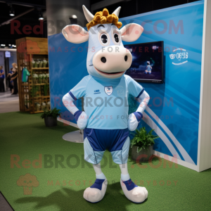 Blue Guernsey Cow mascot costume character dressed with a Running Shorts and Pocket squares