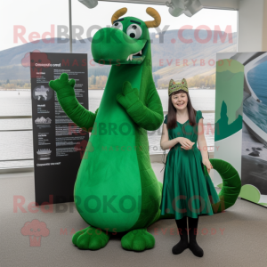 Forest Green Loch Ness Monster mascot costume character dressed with a Midi Dress and Hairpins
