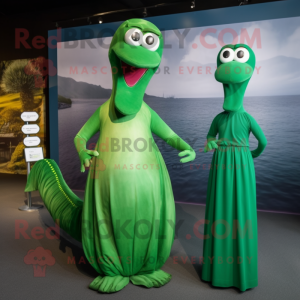 Forest Green Loch Ness Monster mascot costume character dressed with a Midi Dress and Hairpins