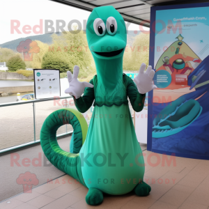 Forest Green Loch Ness Monster mascot costume character dressed with a Midi Dress and Hairpins