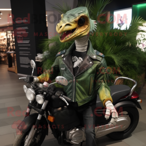 Forest Green Deinonychus mascot costume character dressed with a Biker Jacket and Handbags