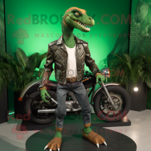 Forest Green Deinonychus mascot costume character dressed with a Biker Jacket and Handbags