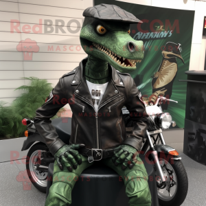 Forest Green Deinonychus mascot costume character dressed with a Biker Jacket and Handbags