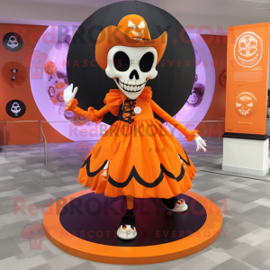 Orange Skull mascot costume character dressed with a Circle Skirt and Shoe laces