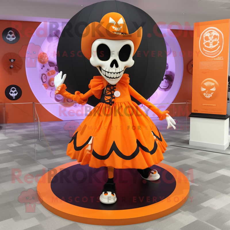 Orange Skull mascot costume character dressed with a Circle Skirt and Shoe laces Orange Skull mascot costume character dressed with a Circle Skirt and Shoe laces