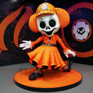 Orange Skull mascot costume character dressed with a Circle Skirt and Shoe laces