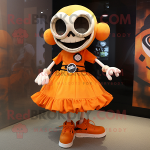 Orange Skull mascot costume character dressed with a Circle Skirt and Shoe laces