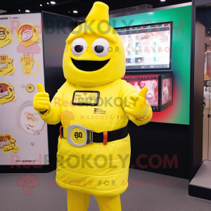 Lemon Yellow Bbq Ribs mascot costume character dressed with a Parka and Smartwatches