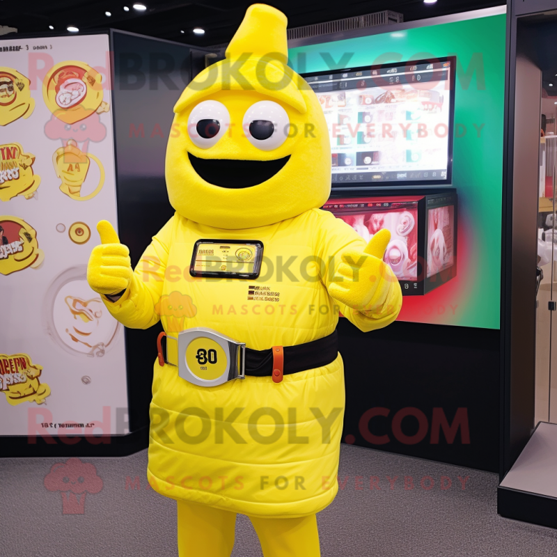 Lemon Yellow Bbq Ribs mascot costume character dressed with a Parka and Smartwatches Lemon Yellow Bbq Ribs mascot costume character dressed with a Parka and Smartwatches