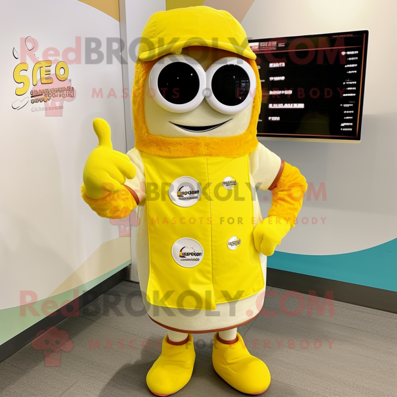 Lemon Yellow Bbq Ribs mascot costume character dressed with a Parka and Smartwatches Lemon Yellow Bbq Ribs mascot costume character dressed with a Parka and Smartwatches