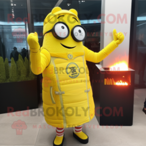 Lemon Yellow Bbq Ribs mascot costume character dressed with a Parka and Smartwatches