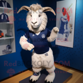 Navy Angora Goat mascot costume character dressed with a Running Shorts and Brooches