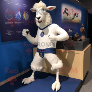 Navy Angora Goat mascot costume character dressed with a Running Shorts and Brooches