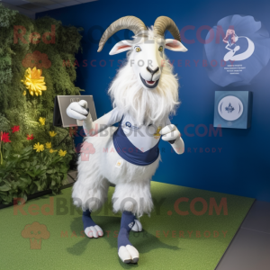 Navy Angora Goat mascot costume character dressed with a Running Shorts and Brooches